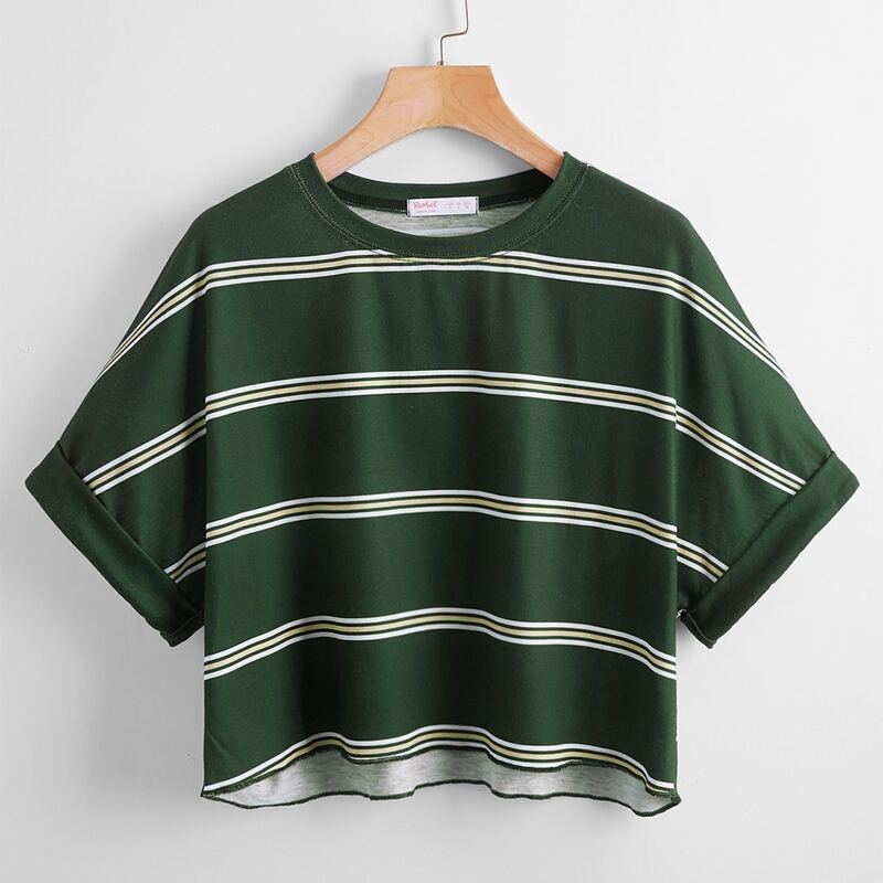 

Striped Print Crop Tee, Dark green