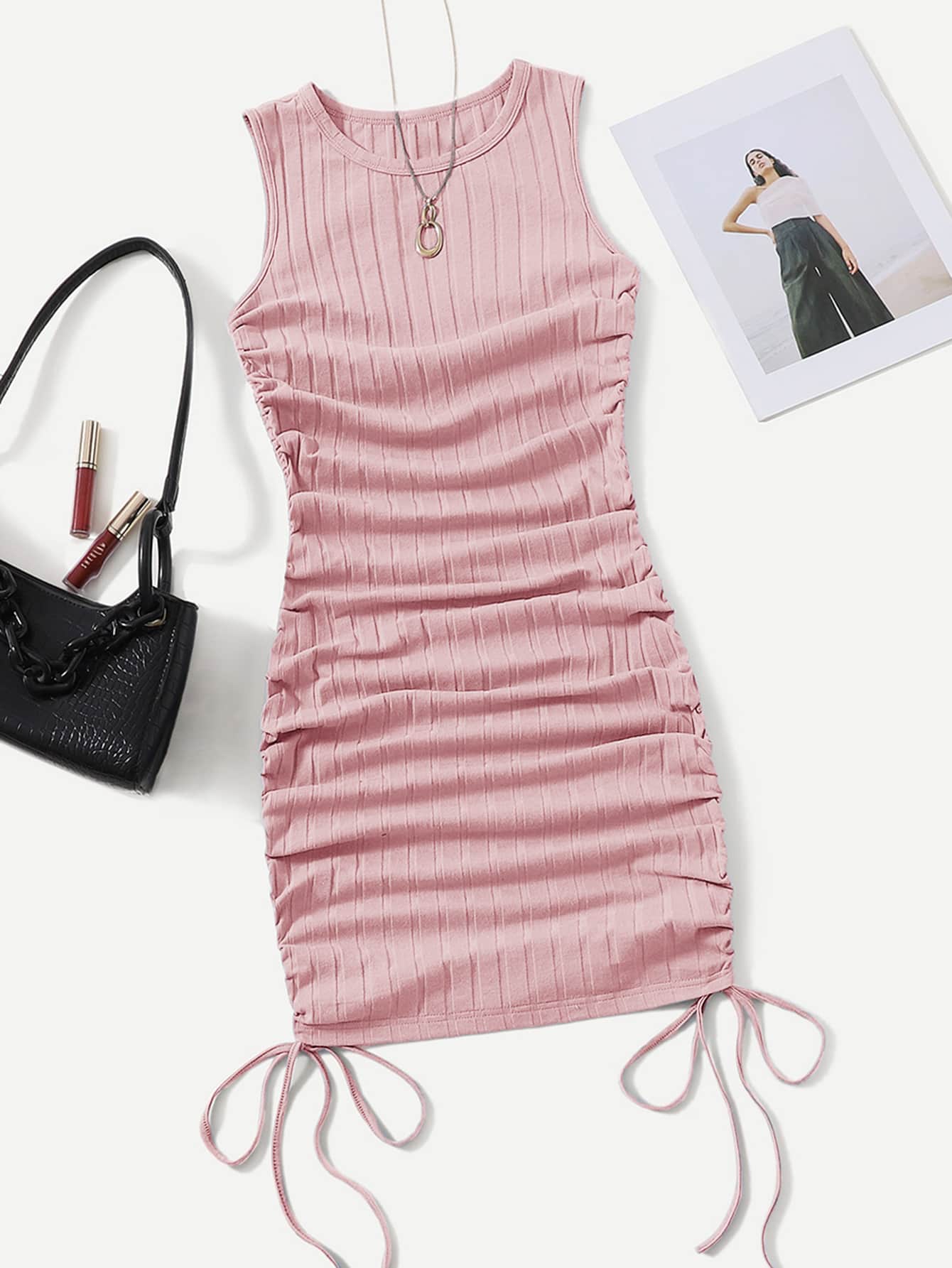 SHEIN EZwear Vestido ajustado con cordón lateral fruncido - Rosa vieja - Ver 1