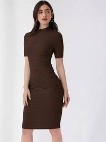 SHEIN Essnce Vestido ajustado unicolor de cuello alto - Marrón Chocolate - Ver 3