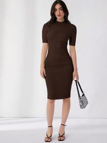 SHEIN Essnce Vestido ajustado unicolor de cuello alto - Marrón Chocolate - Ver 4