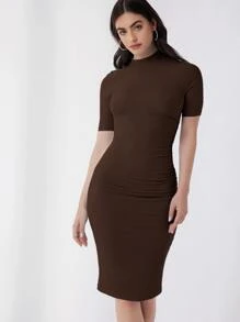 SHEIN Essnce Vestido ajustado unicolor de cuello alto - Marrón Chocolate - Ver 5