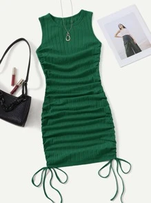 Muchica Đầm Dây kéo Xù Gân đan màu trơn Giải trí - Màu xanh lá cây đậm - Xem 1