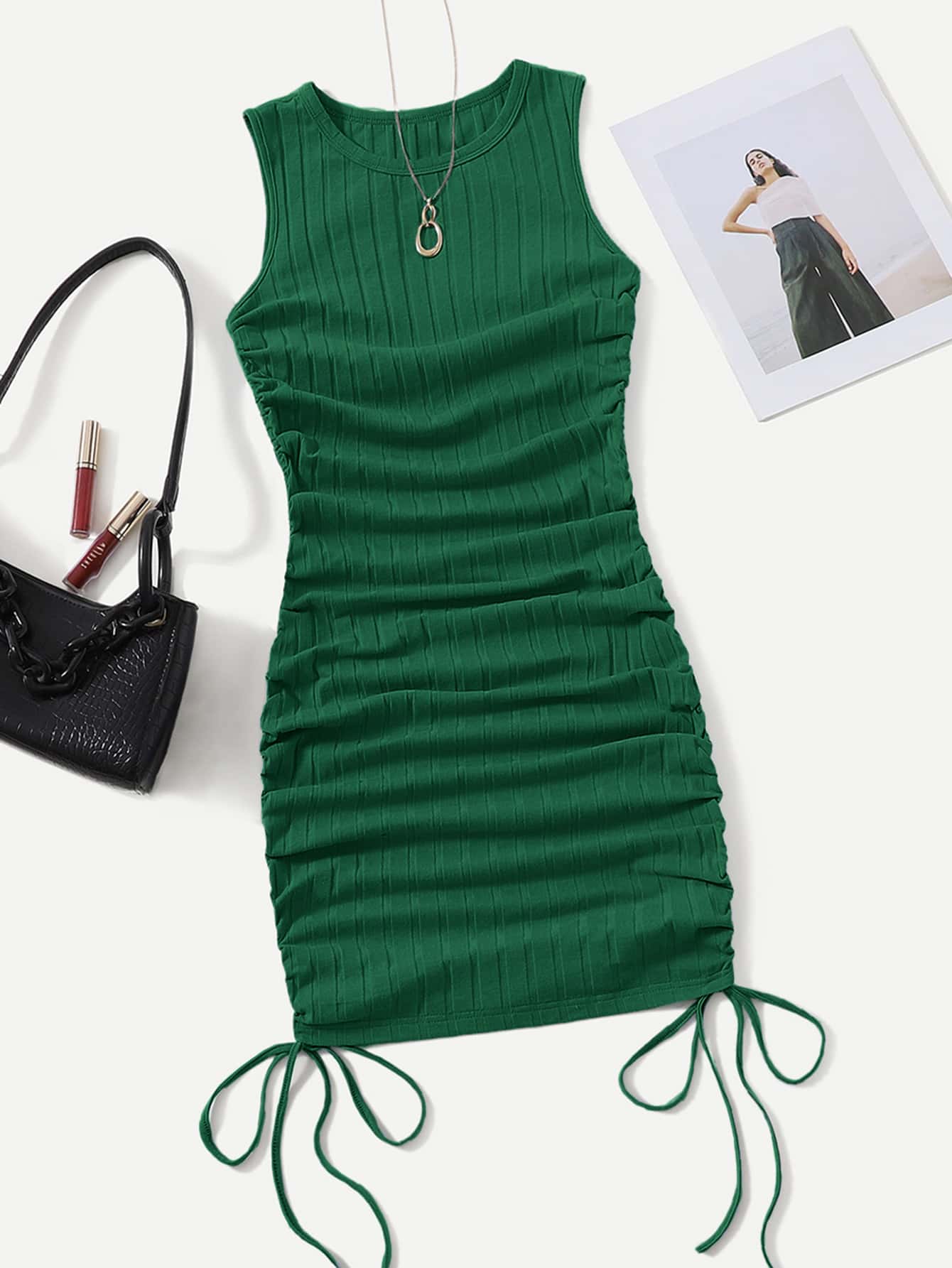 Muchica Đầm Dây kéo Xù Gân đan màu trơn Giải trí - Màu xanh lá cây đậm - Xem 1