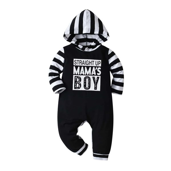 

Baby Letter Graphic Striped Hooded Jumpsuit, Black and white
