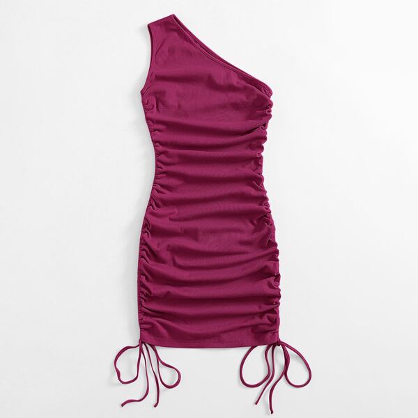 

One Shoulder Ruched Knot Side Bodycon Dress, Maroon