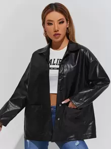 SHEIN PETITE Solid Dual Pocket Drop Shoulder PU Leather Coat - Black - View 1