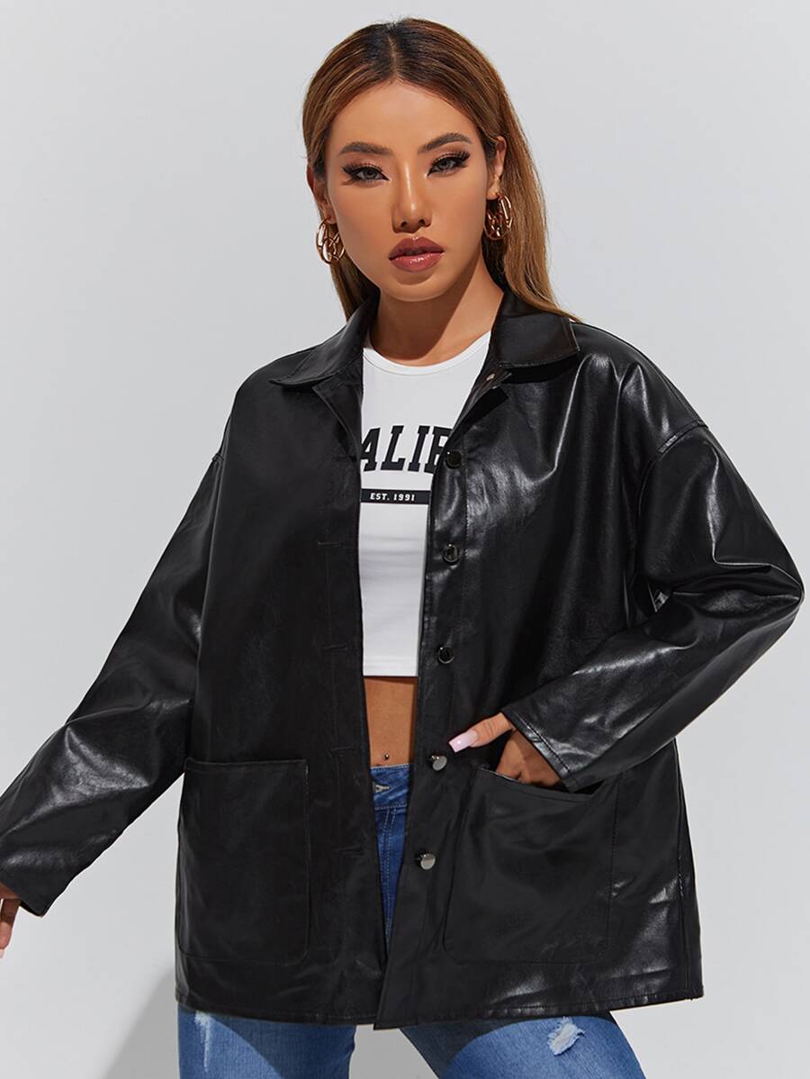 SHEIN PETITE Solid Dual Pocket Drop Shoulder PU Leather Coat - Black - View 1