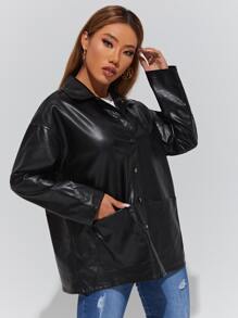 SHEIN PETITE Solid Dual Pocket Drop Shoulder PU Leather Coat - Black - View 3