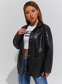 SHEIN PETITE Solid Dual Pocket Drop Shoulder PU Leather Coat - Black - View 4