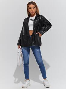 SHEIN PETITE Solid Dual Pocket Drop Shoulder PU Leather Coat - Black - View 5