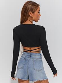 SHEIN PETITE 素色十字交叉下擺打結上衣 - 黑色 - 查看 2