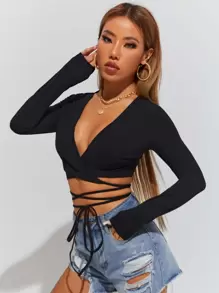 SHEIN PETITE 素色十字交叉下擺打結上衣 - 黑色 - 查看 4