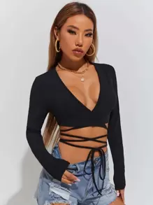 SHEIN PETITE 素色十字交叉下擺打結上衣 - 黑色 - 查看 5