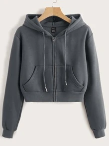 SHEIN Sudadera con capucha con cordón con cremallera - Gris Oscuro - Ver 1