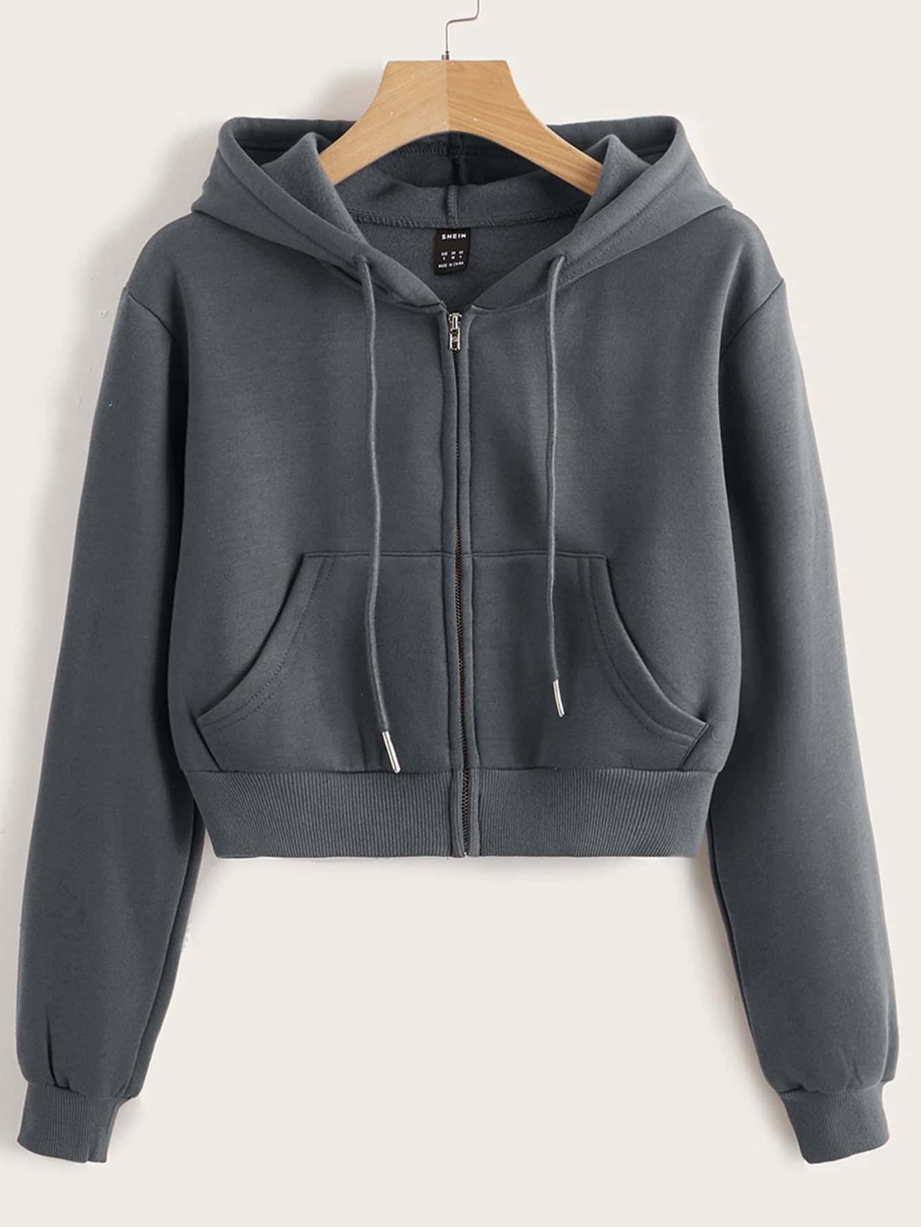 SHEIN Sudadera con capucha con cordón con cremallera - Gris Oscuro - Ver 1
