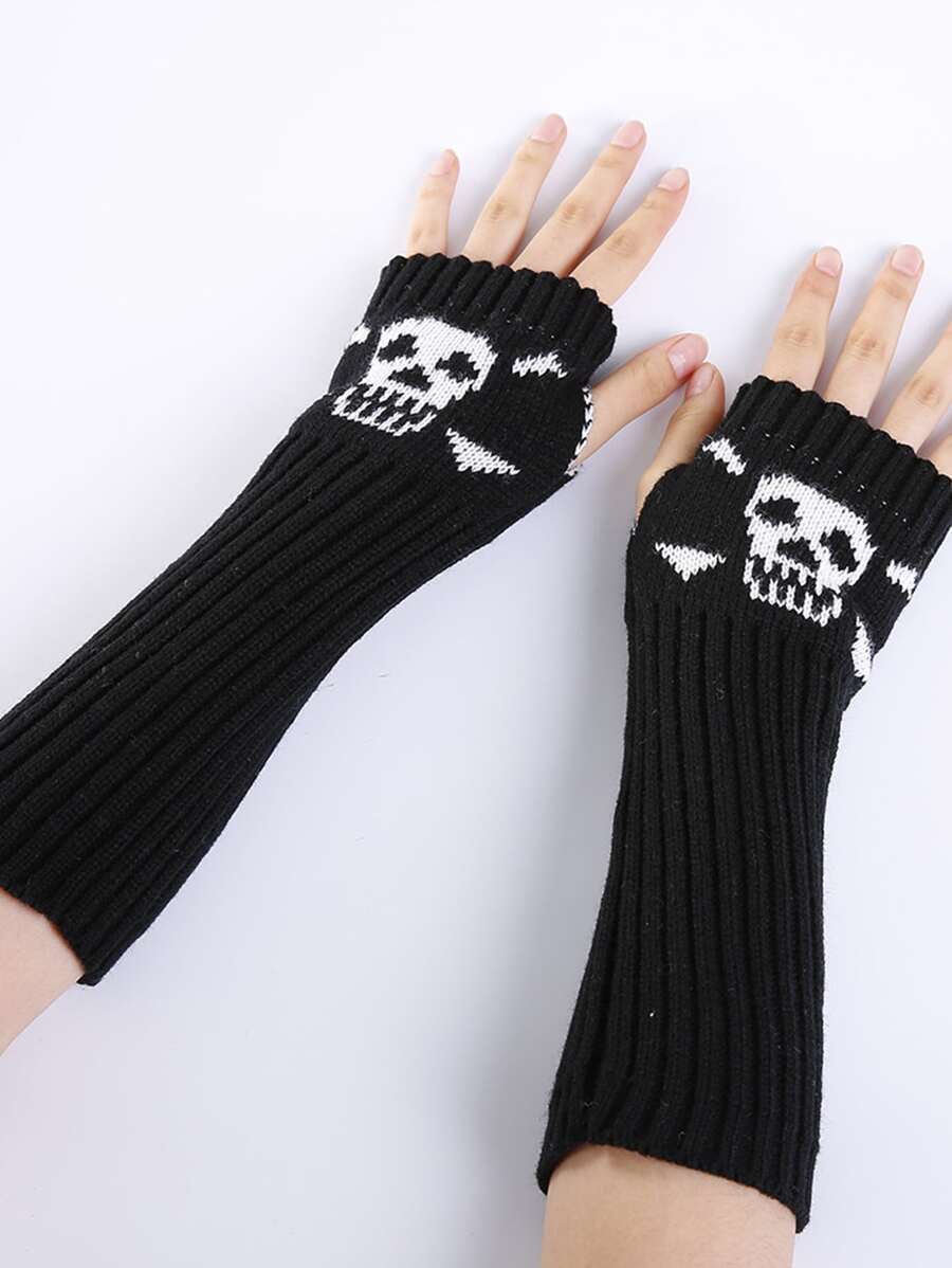 Guantes estampado de cráneo sin dedos tejido - Negro - Ver 1