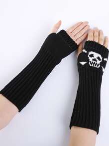 Guantes estampado de cráneo sin dedos tejido - Negro - Ver 2