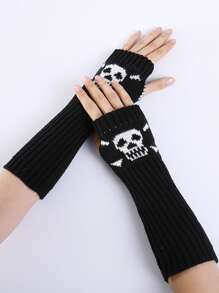Guantes estampado de cráneo sin dedos tejido - Negro - Ver 3