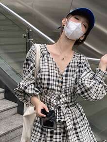 Button Through Tie Front Crop Blouse - Black and White - View 3