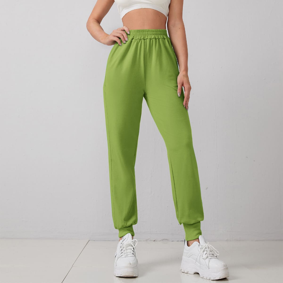 

Elastic Waist Solid Sports Pants, Lime green