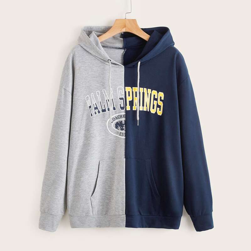 

Letter Colorblock Kangaroo Pocket Drawstring Hoodie, Multicolor