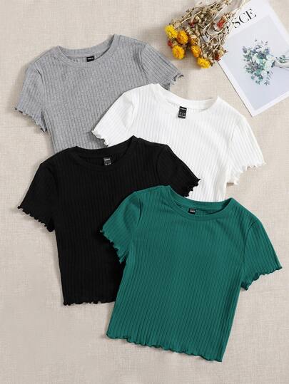 SHEIN EZwear 4pcs Lettuce Trim Rib Knit Summer Outfits Tee