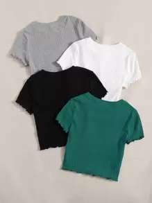 SHEIN EZwear 4 件装 生菜叶边饰罗纹针织夏季 T 恤 - 彩色 - 查看 2