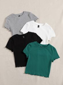 SHEIN EZwear 4 件装 生菜叶边饰罗纹针织夏季 T 恤 - 彩色 - 查看 4