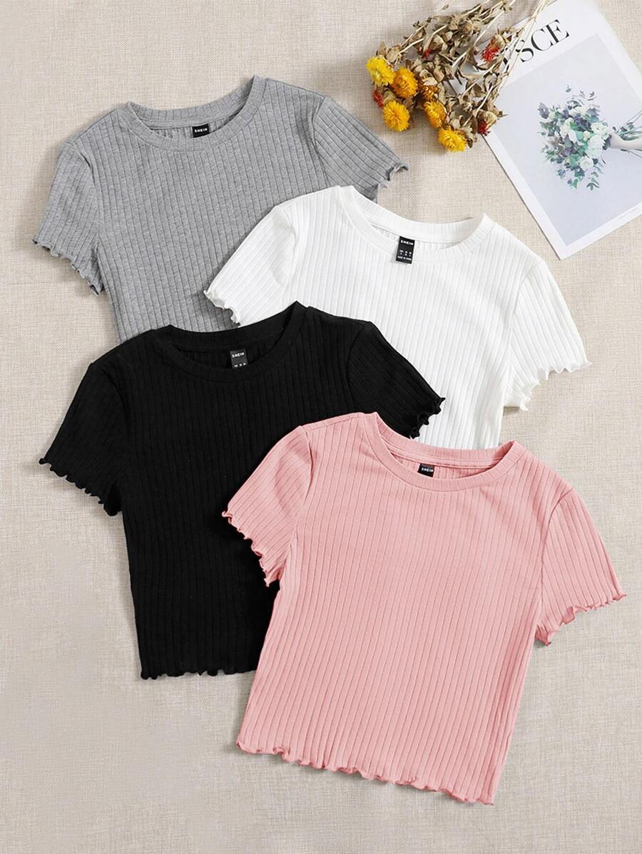 SHEIN EZwear 4pcs Lettuce Trim Round Neck Rib Knit Tee