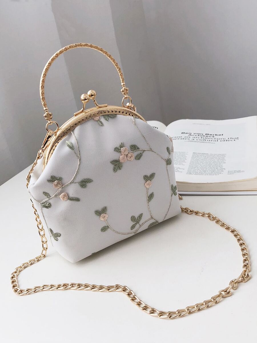 迷你花卉刺繡接吻扣鏈掛袋手提包、肩背包、斜背包,復古便攜式女式禮物袋,適用於女士、女孩戶外,旅行,外出,假日 - 白色 - 查看 1
