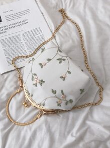 迷你花卉刺繡接吻扣鏈掛袋手提包、肩背包、斜背包,復古便攜式女式禮物袋,適用於女士、女孩戶外,旅行,外出,假日 - 白色 - 查看 2