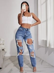 SHEIN SXY Quần jean nữ Nút Túi Bị tách Dây kéo Denim bông tuyết màu trơn - Rửa trung bình - Xem 1