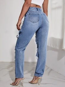 SHEIN SXY Quần jean nữ Nút Túi Bị tách Dây kéo Denim bông tuyết màu trơn - Rửa trung bình - Xem 2
