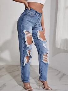 SHEIN SXY Quần jean nữ Nút Túi Bị tách Dây kéo Denim bông tuyết màu trơn - Rửa trung bình - Xem 3