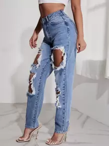 SHEIN SXY Quần jean nữ Nút Túi Bị tách Dây kéo Denim bông tuyết màu trơn - Rửa trung bình - Xem 4