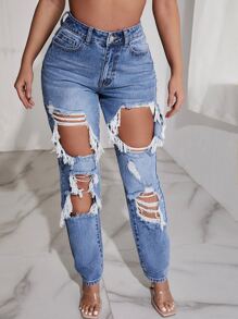 SHEIN SXY Quần jean nữ Nút Túi Bị tách Dây kéo Denim bông tuyết màu trơn - Rửa trung bình - Xem 5