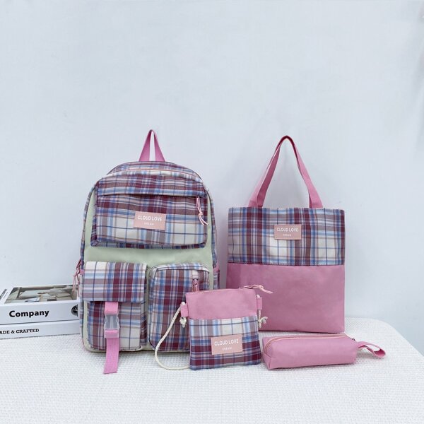 

Letter Patch Plaid Pattern Backpack, Pink