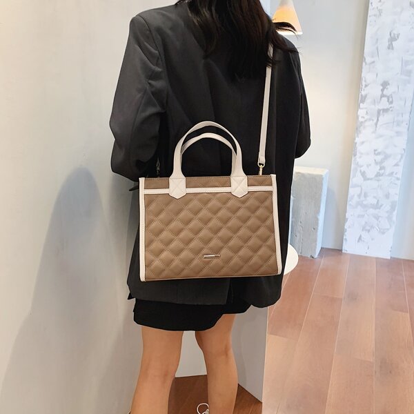

Quilted Embossed Trim Detail Tote Bag, Mocha brown