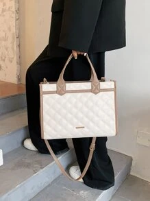 Quilted Embossed Trim Detail Tote Bag - Beige - View 1