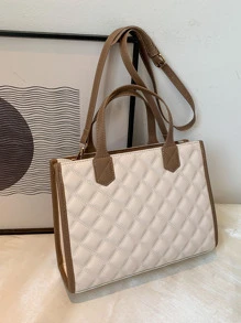 Quilted Embossed Trim Detail Tote Bag - Beige - View 2