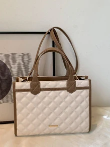 Quilted Embossed Trim Detail Tote Bag - Beige - View 3