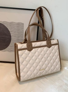 Quilted Embossed Trim Detail Tote Bag - Beige - View 5