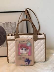 Quilted Embossed Trim Detail Tote Bag - Beige - View 6