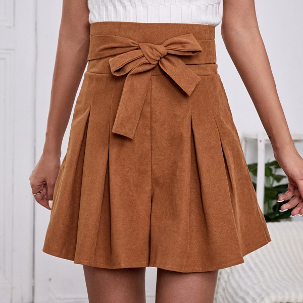 

High Waist Belted Plicated Wide Leg Skort, Brown