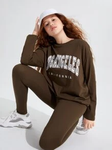 SHEIN 青少年女孩字母圖案落肩袖上衣和緊身打底褲