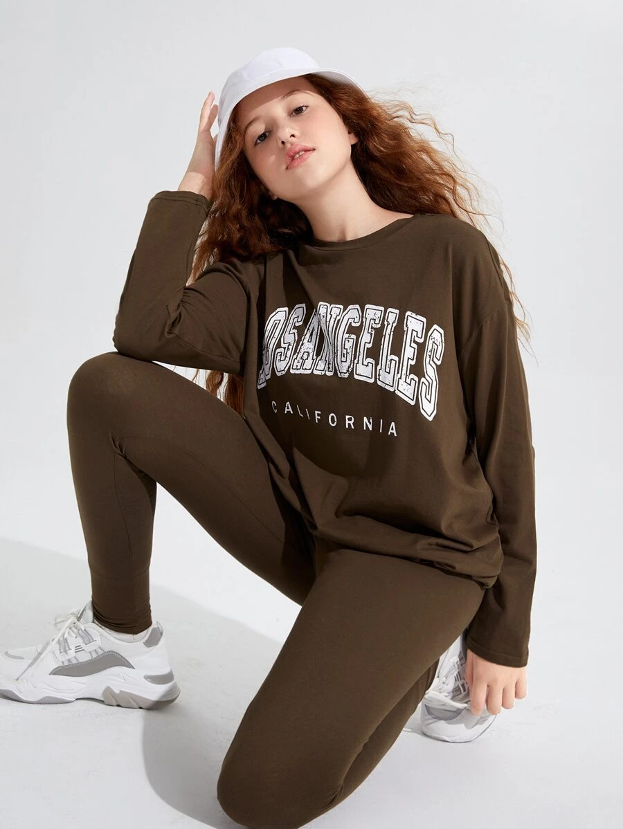 SHEIN 青少年女孩字母圖案落肩袖上衣和緊身打底褲