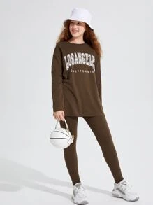 SHEIN 青少年女孩字母圖案落肩袖上衣和緊身打底褲