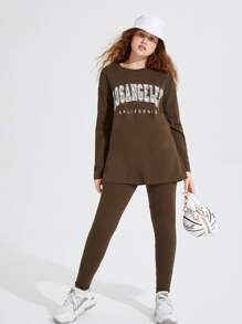 SHEIN 青少年女孩字母圖案落肩袖上衣和緊身打底褲