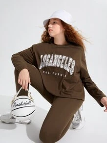 SHEIN 青少年女孩字母圖案落肩袖上衣和緊身打底褲