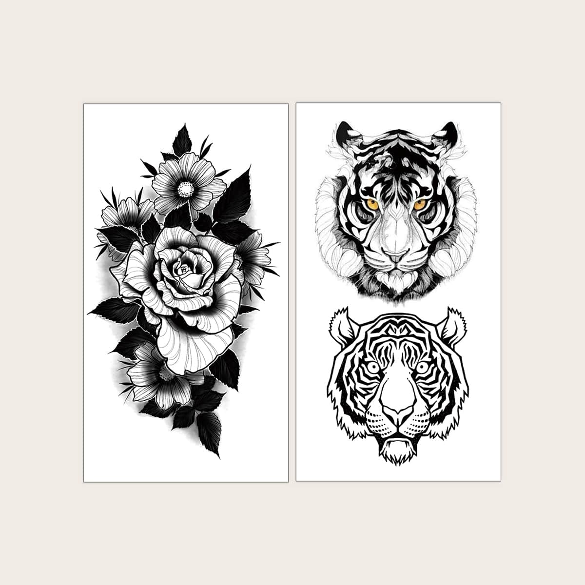 

2sheets Floral & Tiger Tattoo Sticker, Black